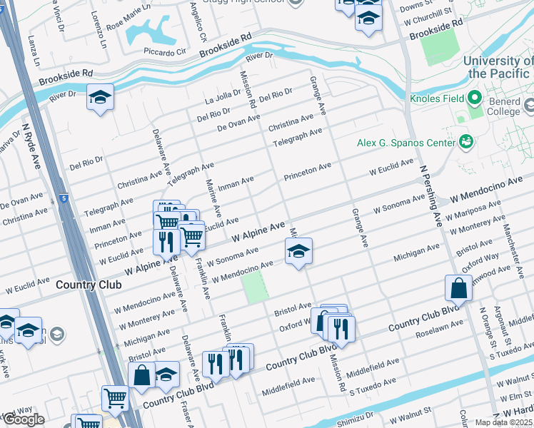 map of restaurants, bars, coffee shops, grocery stores, and more near 1950 West Euclid Avenue in Stockton