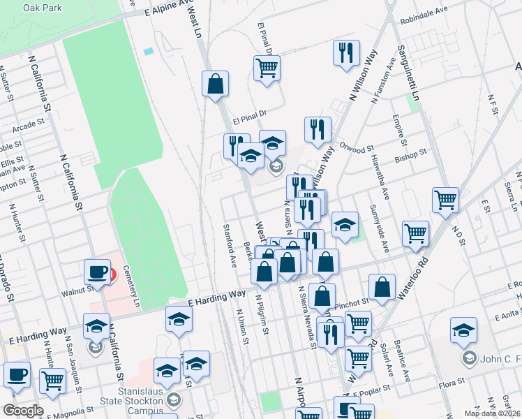 map of restaurants, bars, coffee shops, grocery stores, and more near 1830 West Lane in Stockton