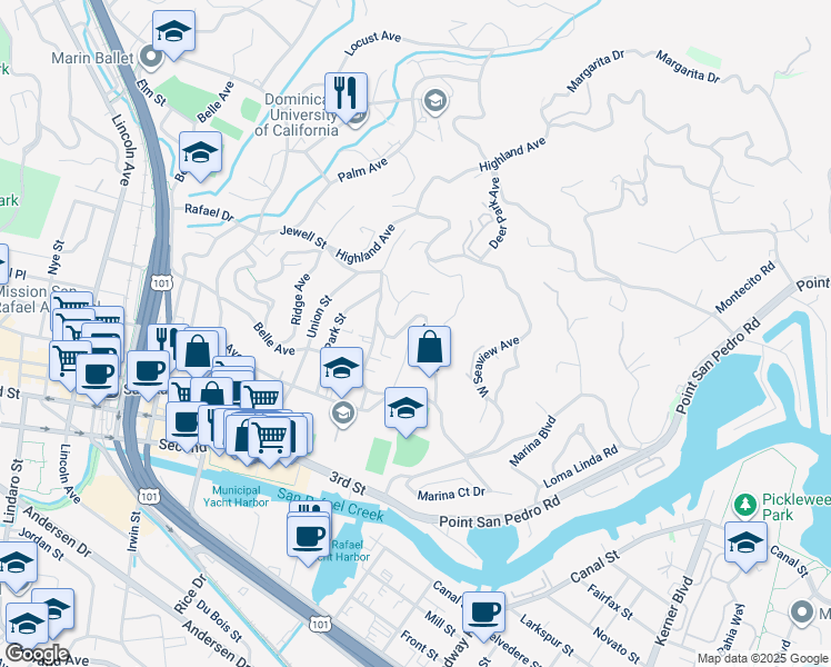 map of restaurants, bars, coffee shops, grocery stores, and more near 93 Jewell Street in San Rafael