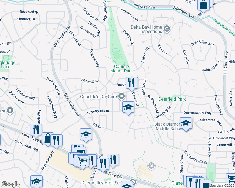 map of restaurants, bars, coffee shops, grocery stores, and more near 4500 Bison Way in Antioch