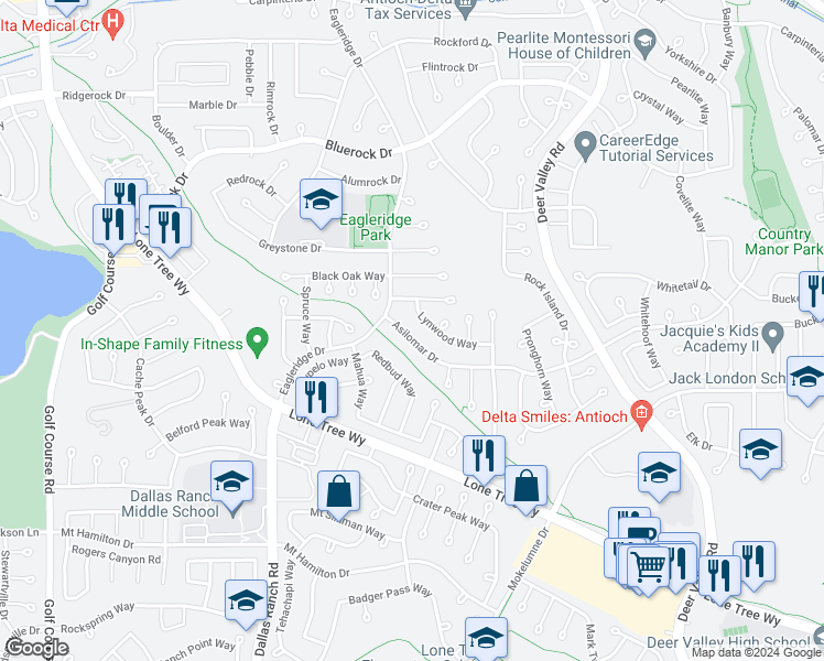 map of restaurants, bars, coffee shops, grocery stores, and more near 2017 Asilomar Drive in Antioch