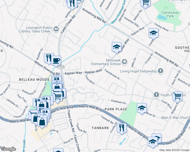 map of restaurants, bars, coffee shops, grocery stores, and more near 3724 Appian Way in Lexington
