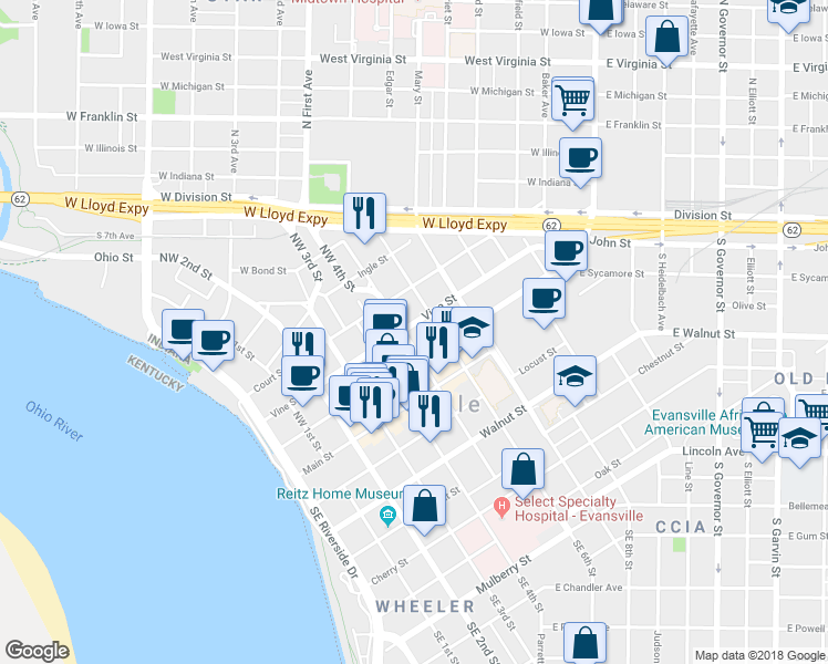 map of restaurants, bars, coffee shops, grocery stores, and more near 133 NW 5th St in Evansville