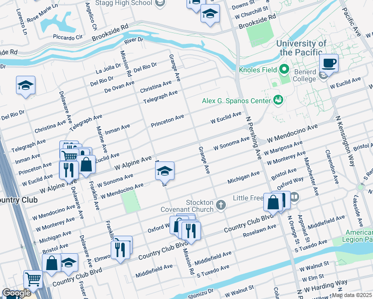 map of restaurants, bars, coffee shops, grocery stores, and more near 1750 West Alpine Avenue in Stockton