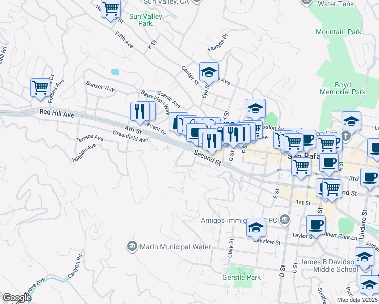 map of restaurants, bars, coffee shops, grocery stores, and more near 1871 West End Avenue in San Rafael