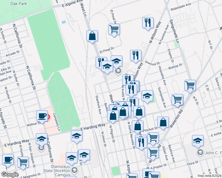 map of restaurants, bars, coffee shops, grocery stores, and more near 1830 West Lane in Stockton