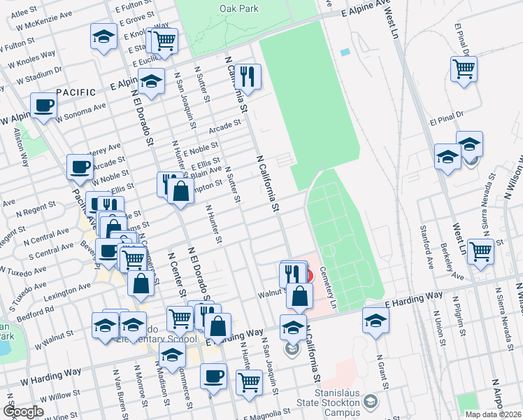 map of restaurants, bars, coffee shops, grocery stores, and more near 424 East Pine Street in Stockton