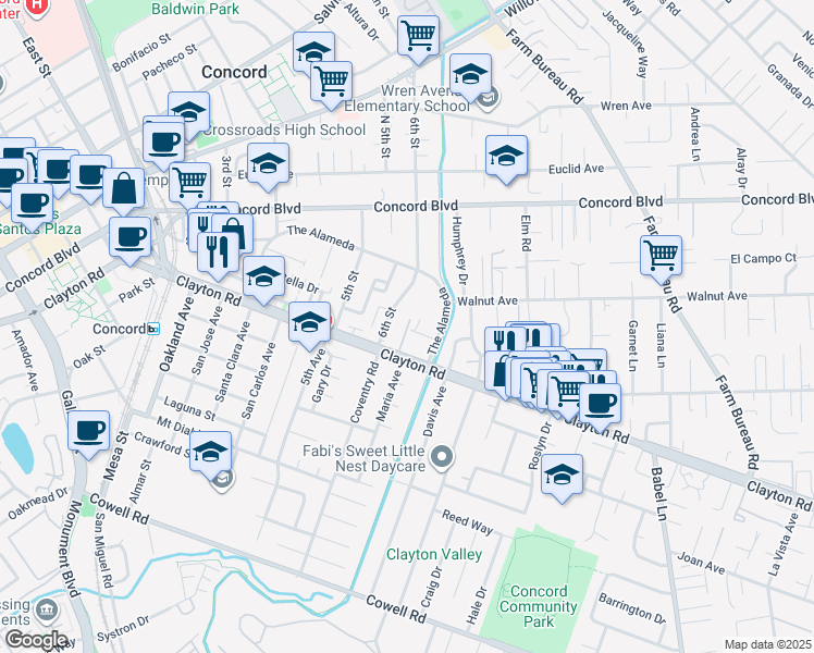 map of restaurants, bars, coffee shops, grocery stores, and more near 3225 Clayton Road in Concord