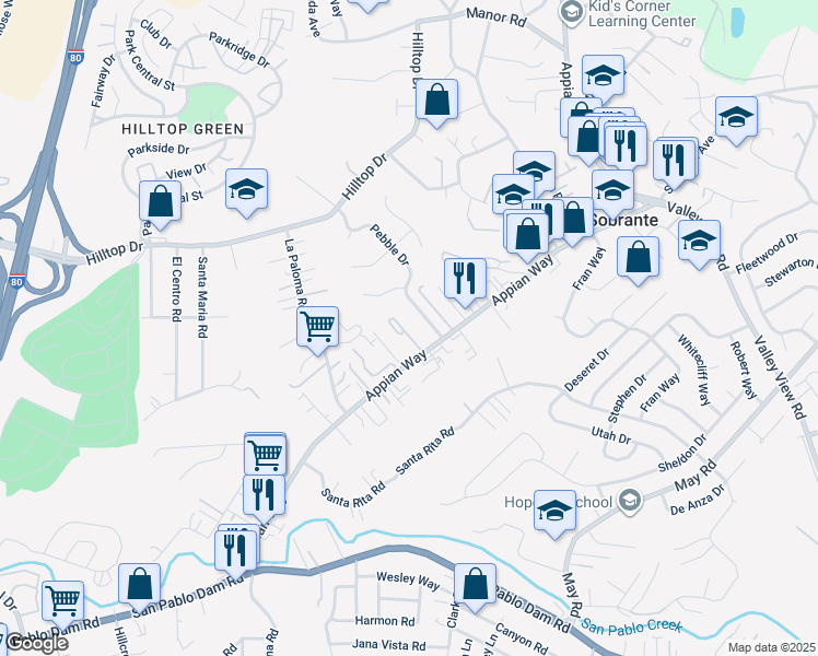 map of restaurants, bars, coffee shops, grocery stores, and more near 4655 Appian Way in El Sobrante