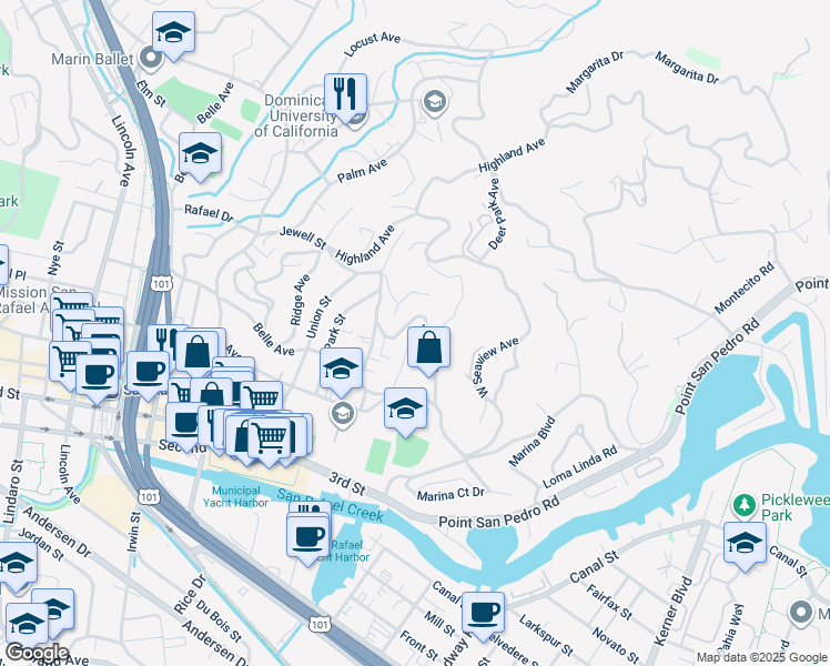 map of restaurants, bars, coffee shops, grocery stores, and more near 93 Jewell Street in San Rafael