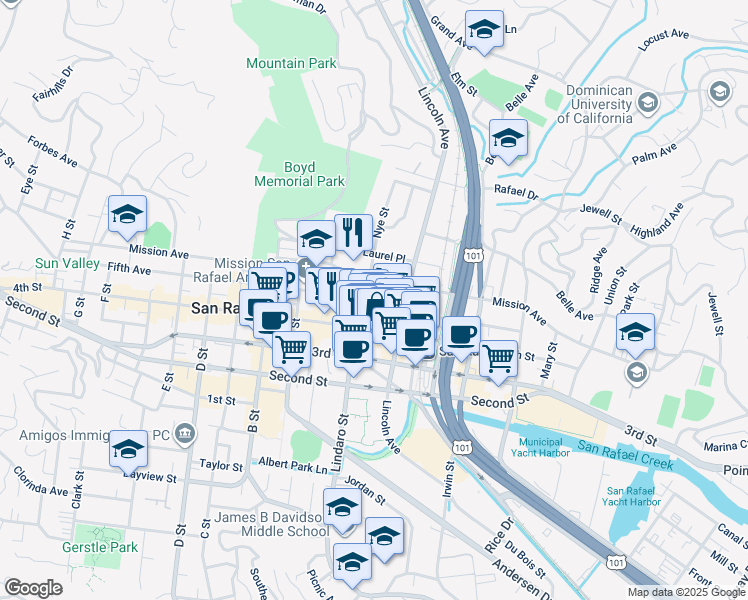 map of restaurants, bars, coffee shops, grocery stores, and more near 820 Fifth Avenue in San Rafael