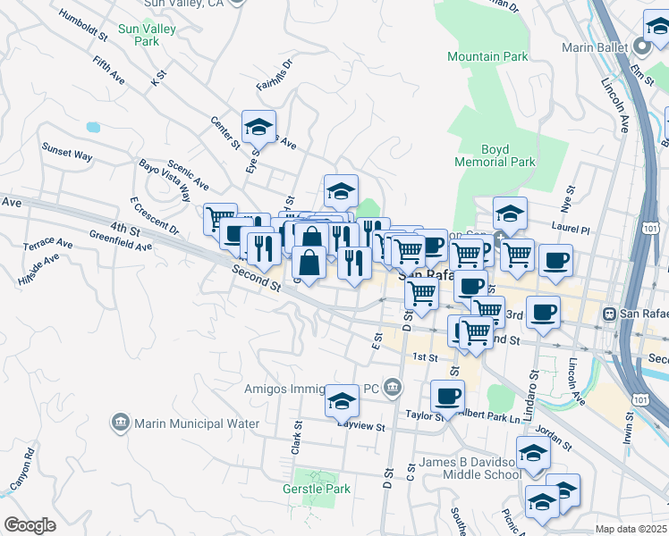 map of restaurants, bars, coffee shops, grocery stores, and more near 1604 4th Street in San Rafael