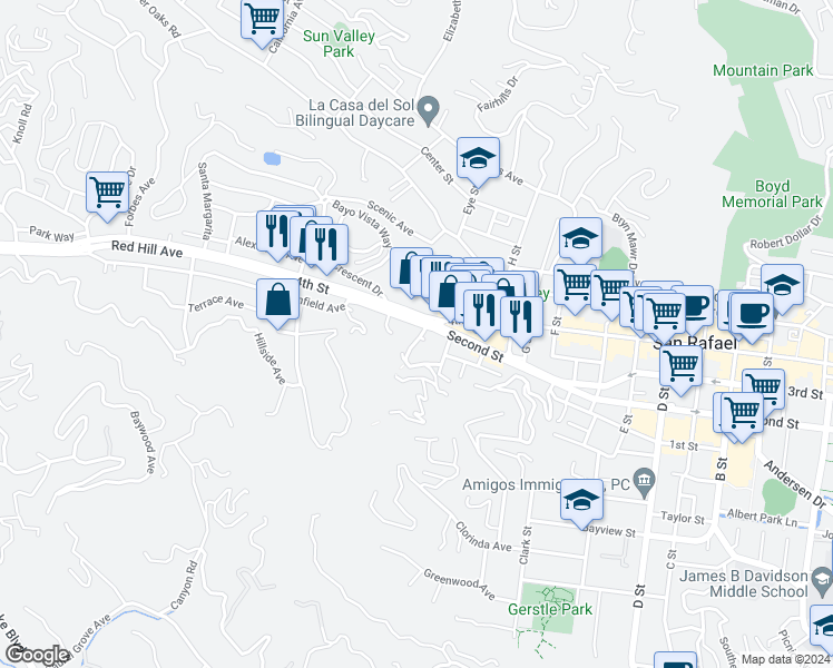 map of restaurants, bars, coffee shops, grocery stores, and more near 221 West End Avenue in San Rafael