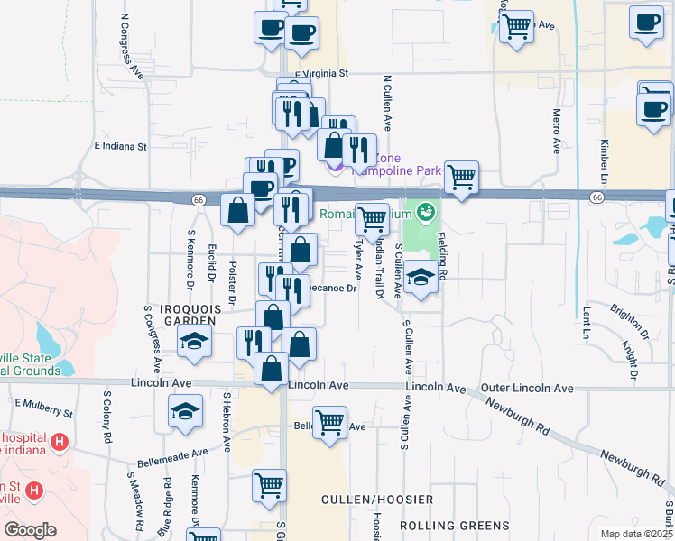 map of restaurants, bars, coffee shops, grocery stores, and more near 4982 Tippecanoe Drive in Evansville