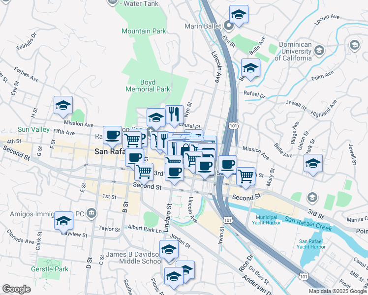 map of restaurants, bars, coffee shops, grocery stores, and more near 820 Fifth Avenue in San Rafael