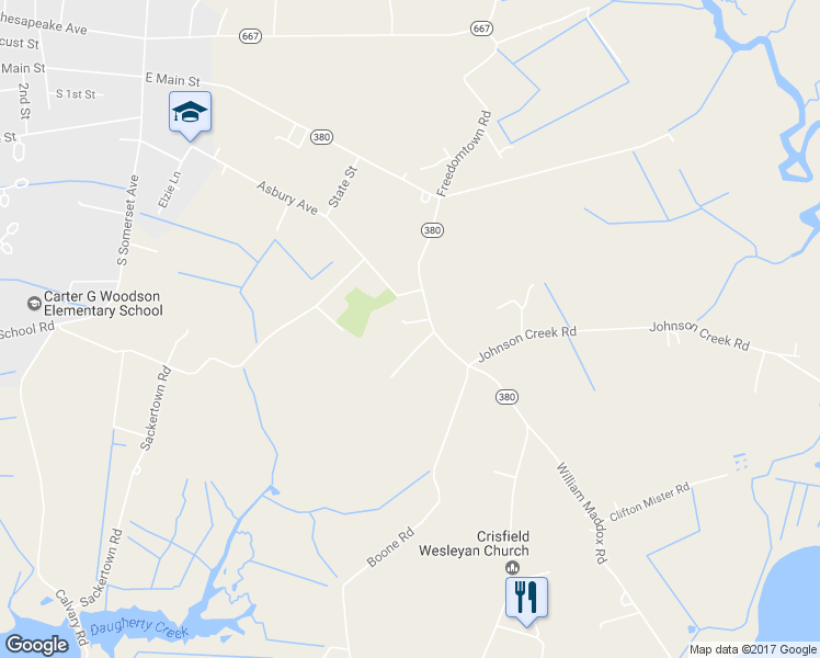 map of restaurants, bars, coffee shops, grocery stores, and more near 3330 Lawsonia Road in Crisfield