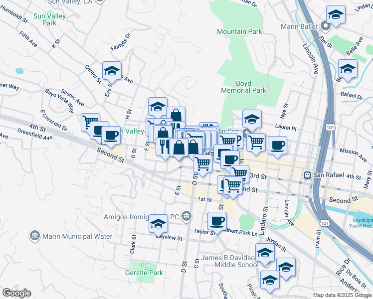 map of restaurants, bars, coffee shops, grocery stores, and more near 1009 E Street in San Rafael