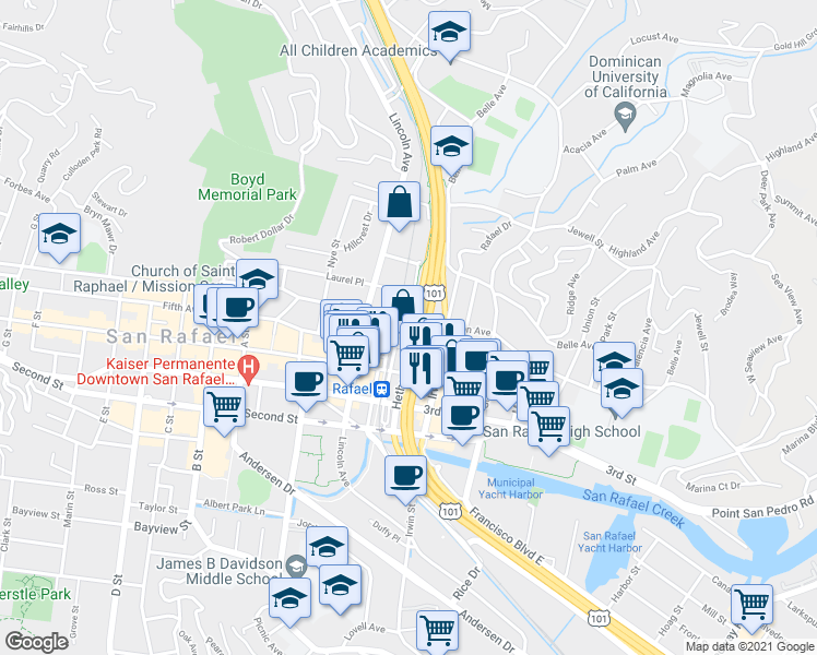 map of restaurants, bars, coffee shops, grocery stores, and more near 633 Mission Avenue in San Rafael