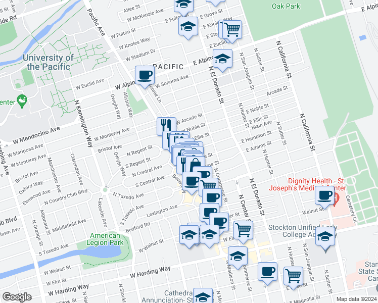 map of restaurants, bars, coffee shops, grocery stores, and more near 2533 Bonnie Lane in Stockton
