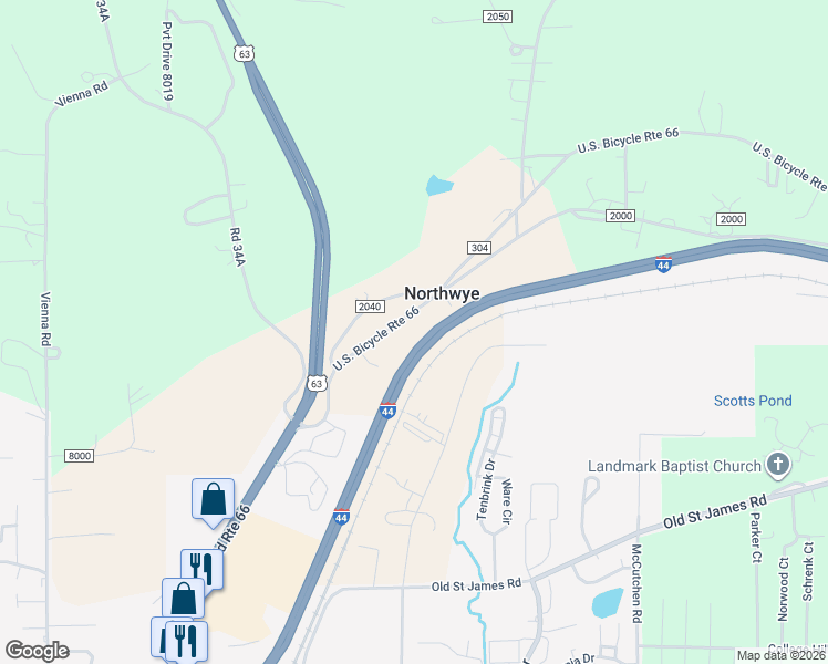 map of restaurants, bars, coffee shops, grocery stores, and more near 10670 County Road 2000 in Rolla