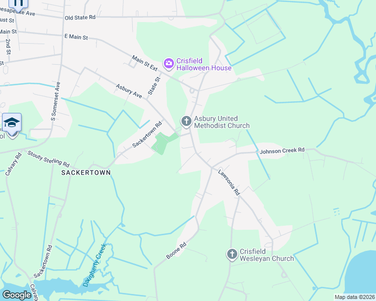 map of restaurants, bars, coffee shops, grocery stores, and more near 3330 Lawsonia Road in Crisfield