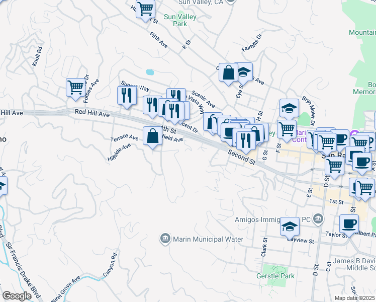 map of restaurants, bars, coffee shops, grocery stores, and more near 5 Dunand Avenue in San Rafael