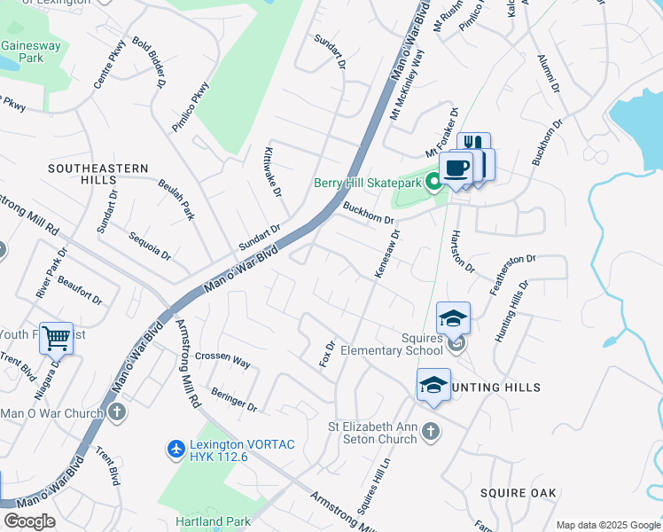 map of restaurants, bars, coffee shops, grocery stores, and more near 3304 Valwood Court in Lexington