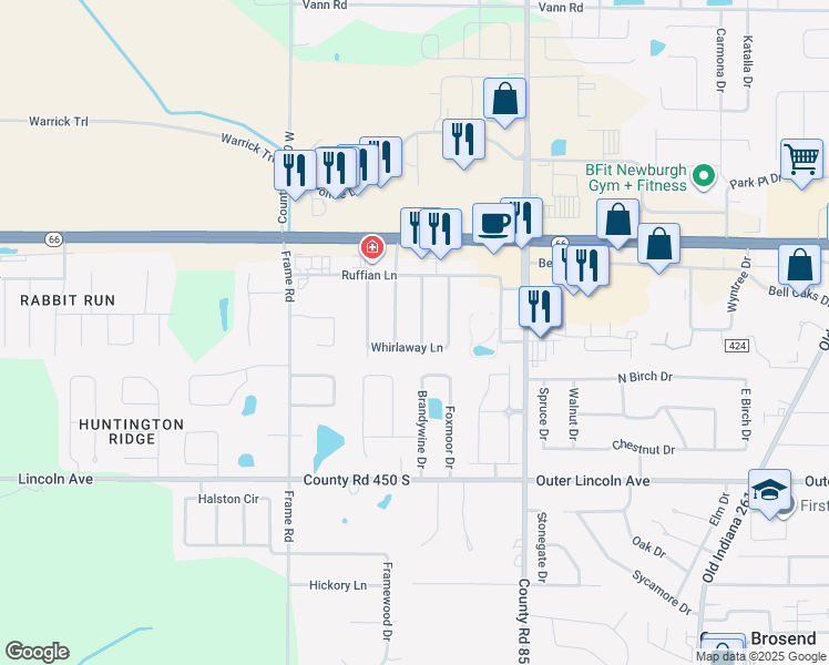 map of restaurants, bars, coffee shops, grocery stores, and more near 4100 Triple Crown Drive in Newburgh