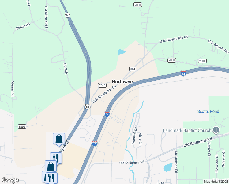 map of restaurants, bars, coffee shops, grocery stores, and more near 10670 County Road 2000 in Rolla