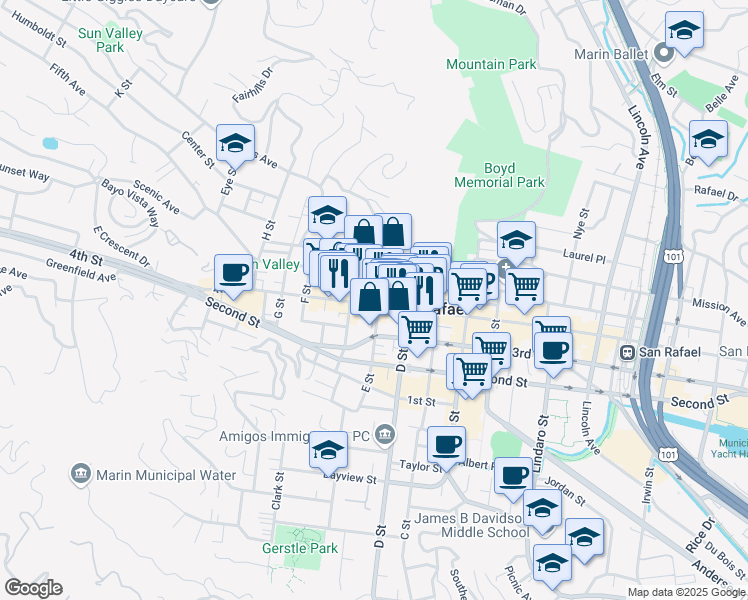 map of restaurants, bars, coffee shops, grocery stores, and more near 1009 E Street in San Rafael