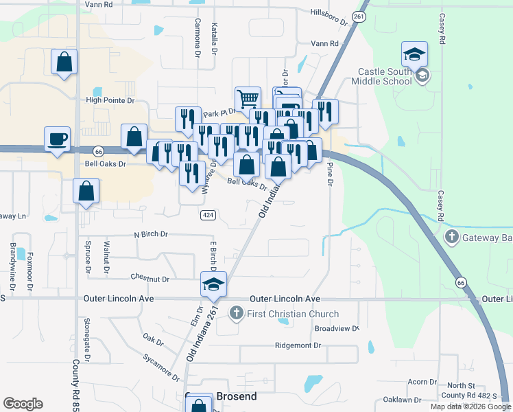 map of restaurants, bars, coffee shops, grocery stores, and more near 4266 Old State Route 261 in Newburgh