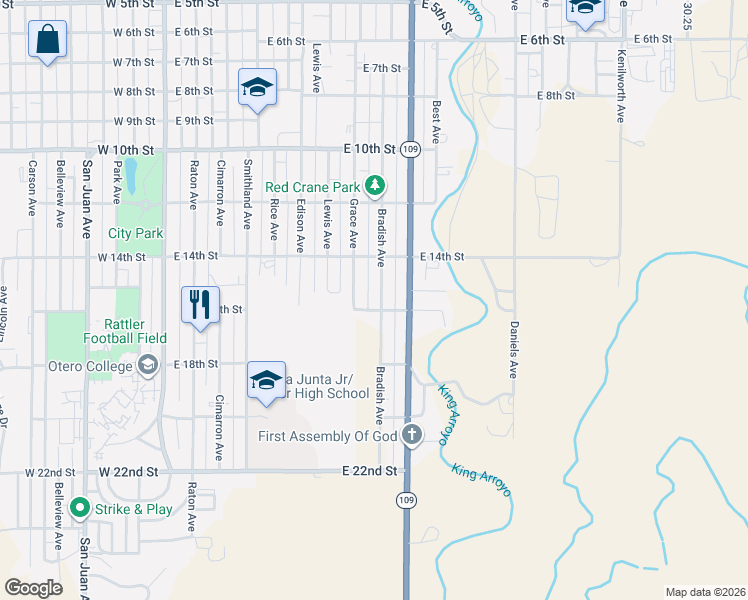 map of restaurants, bars, coffee shops, grocery stores, and more near 1515 Grace Avenue in La Junta