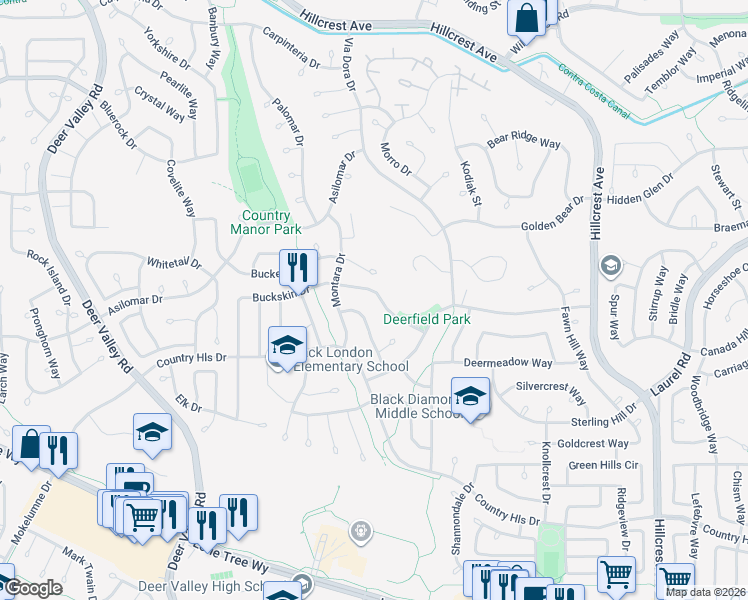 map of restaurants, bars, coffee shops, grocery stores, and more near 4524 Buckskin Drive in Antioch