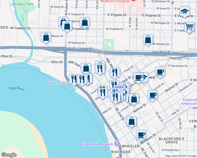 map of restaurants, bars, coffee shops, grocery stores, and more near 401 Northwest 2nd Street in Evansville