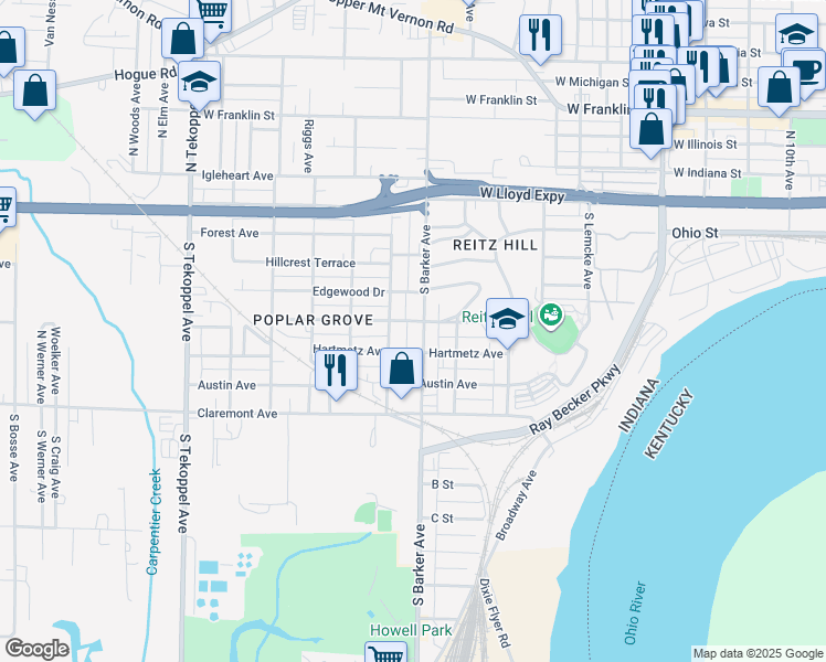 map of restaurants, bars, coffee shops, grocery stores, and more near 305 South Barker Avenue in Evansville