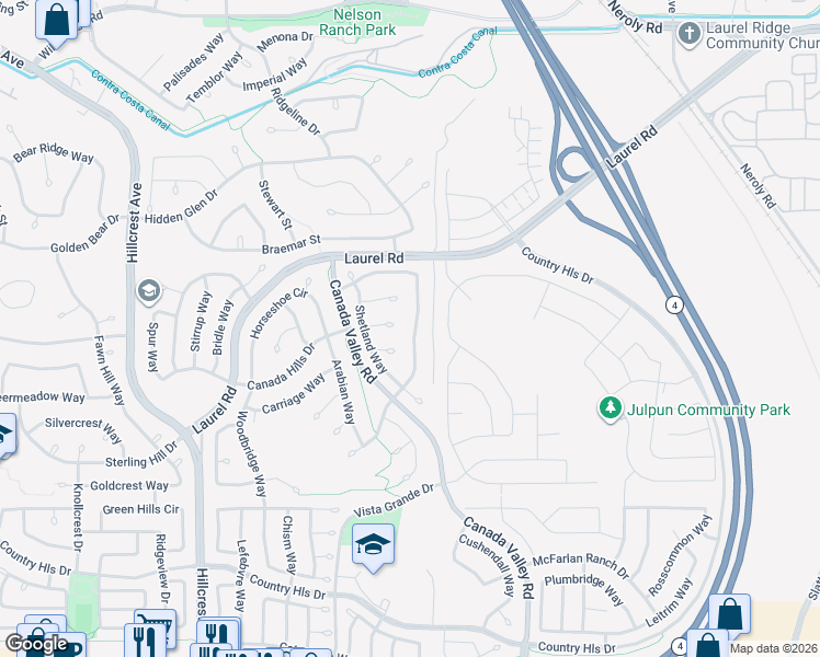 map of restaurants, bars, coffee shops, grocery stores, and more near 4637 Palomino Way in Antioch