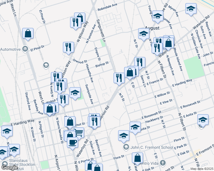 map of restaurants, bars, coffee shops, grocery stores, and more near 1634 East Regal Street in Stockton