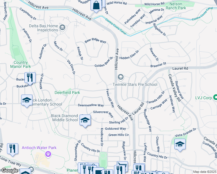 map of restaurants, bars, coffee shops, grocery stores, and more near 4500 Deerhorn Court in Antioch
