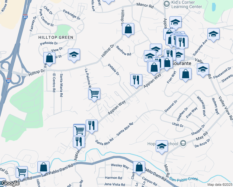 map of restaurants, bars, coffee shops, grocery stores, and more near 4655 Appian Way in El Sobrante
