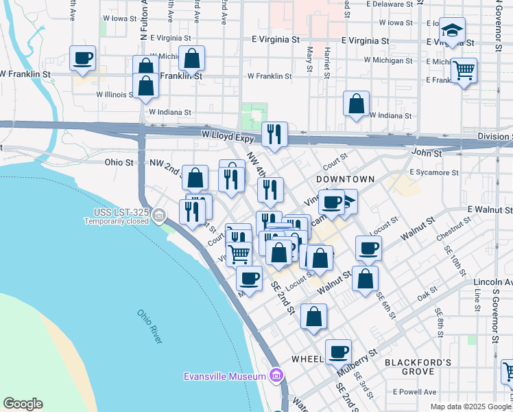 map of restaurants, bars, coffee shops, grocery stores, and more near 318 Northwest 320 Third Street in Evansville