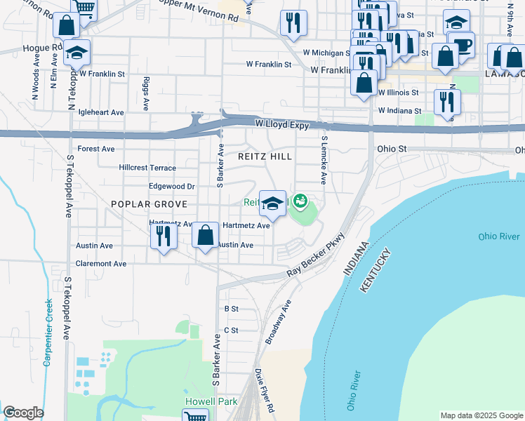 map of restaurants, bars, coffee shops, grocery stores, and more near 2723 Short Marion Avenue in Evansville