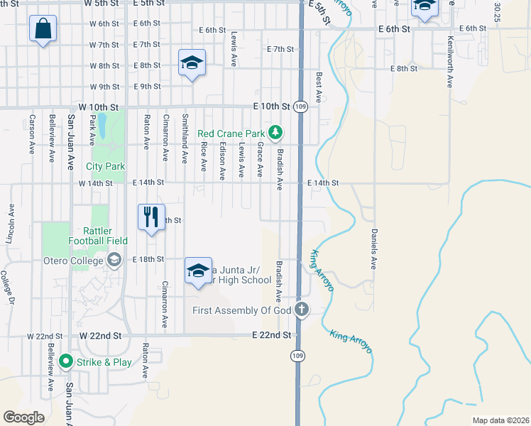 map of restaurants, bars, coffee shops, grocery stores, and more near 1515 Grace Avenue in La Junta