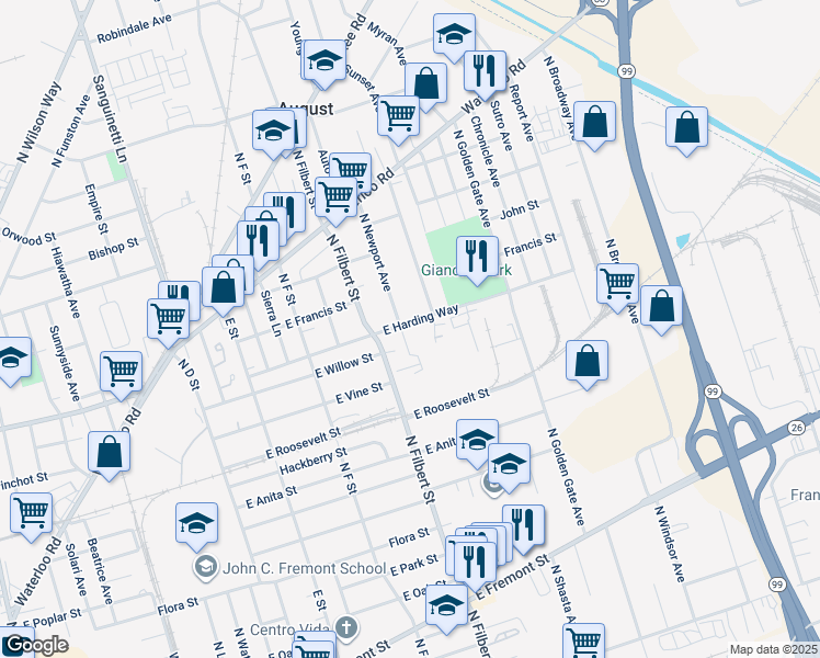 map of restaurants, bars, coffee shops, grocery stores, and more near 2612 East Harding Way in Stockton