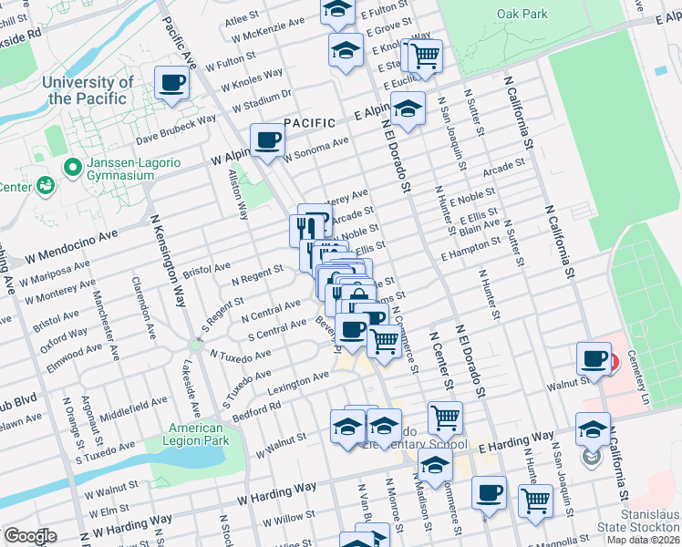 map of restaurants, bars, coffee shops, grocery stores, and more near 75 West Geary Street in Stockton