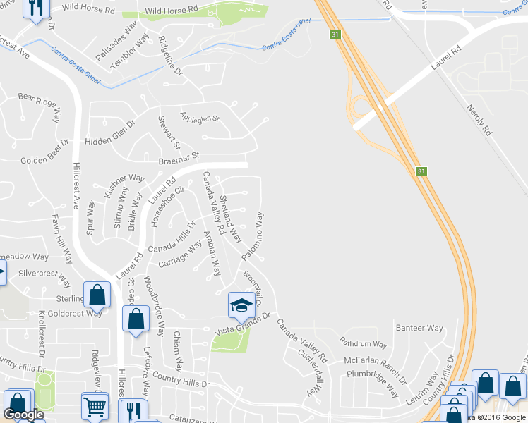 map of restaurants, bars, coffee shops, grocery stores, and more near 4637 Palomino Way in Antioch
