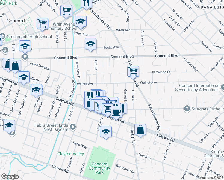 map of restaurants, bars, coffee shops, grocery stores, and more near 1689 Roseland Drive in Concord