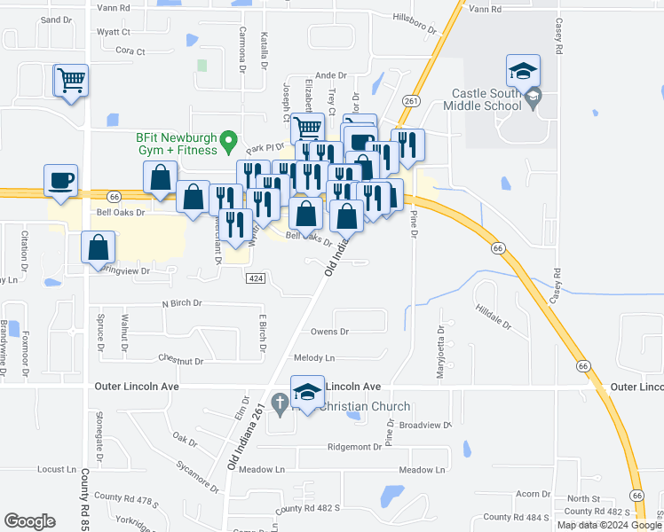 map of restaurants, bars, coffee shops, grocery stores, and more near 4266 Old State Route 261 in Newburgh
