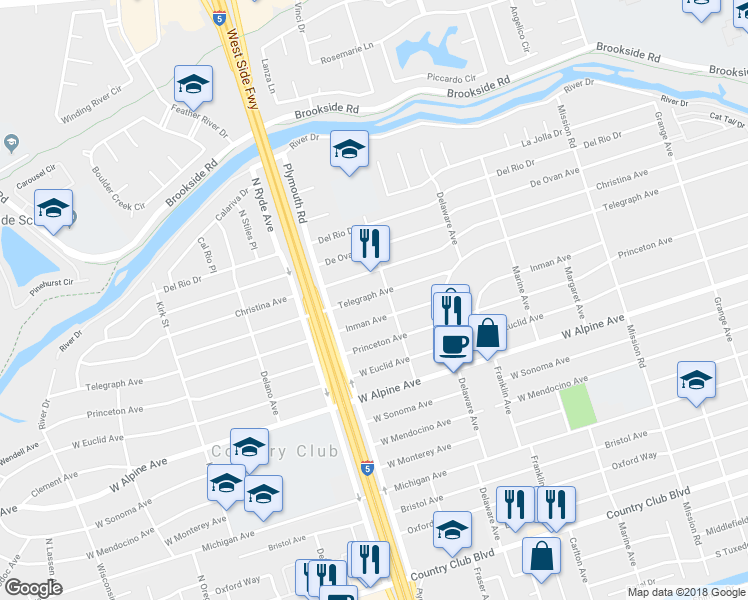 map of restaurants, bars, coffee shops, grocery stores, and more near 2430 Telegraph Avenue in Stockton