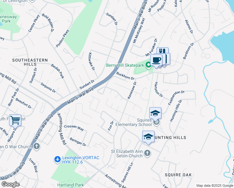 map of restaurants, bars, coffee shops, grocery stores, and more near 3304 Valwood Court in Lexington
