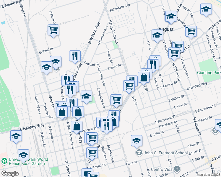 map of restaurants, bars, coffee shops, grocery stores, and more near 1641 West Regal Street in Stockton